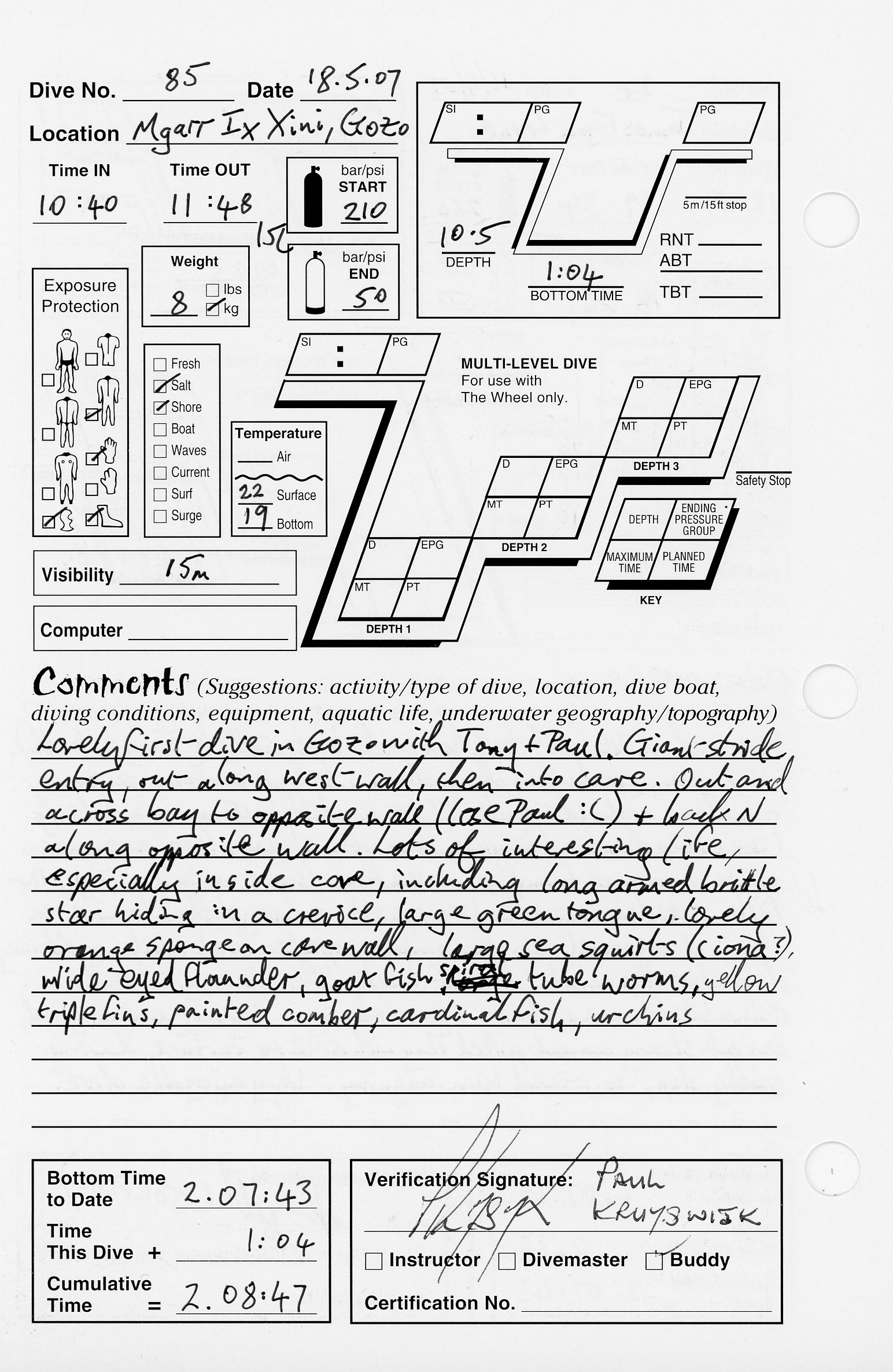 Dive 85 log